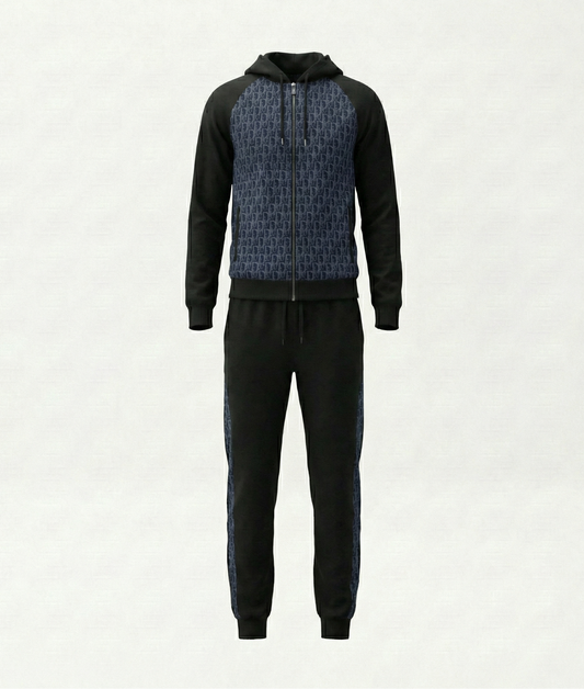 Hooded Tracksuit with Black & Navy Oblique Motif